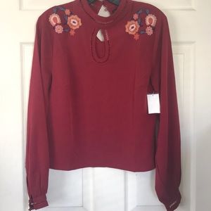 DEREK HEART embroider flower top vest long sleeve red wine size M new